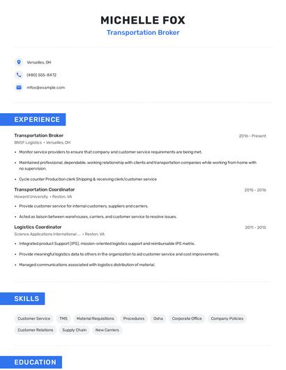 Transportation Broker Resume