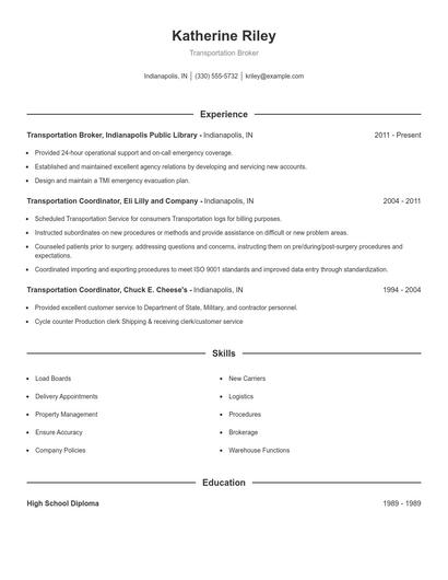 Transportation Broker Resume
