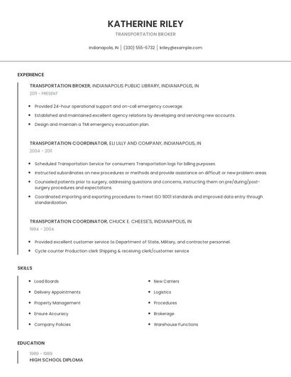 Transportation Broker Resume