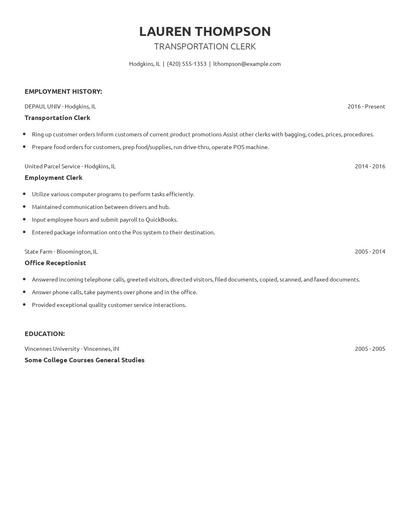 Transportation Clerk Resume
