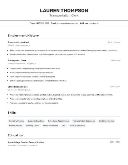 Transportation Clerk Resume