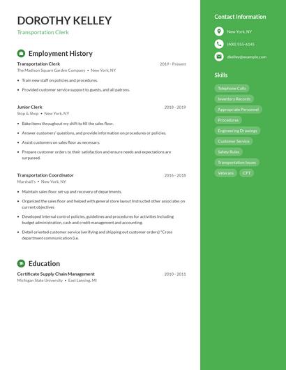 Transportation Clerk Resume