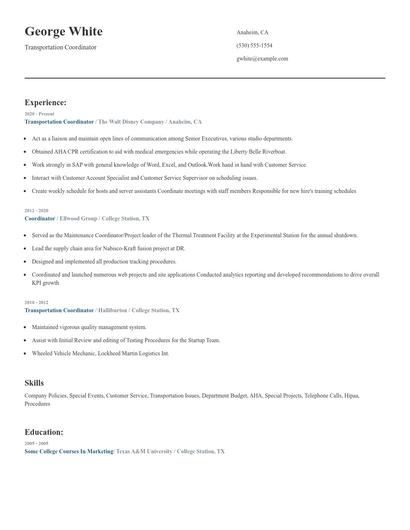Transportation Coordinator Resume
