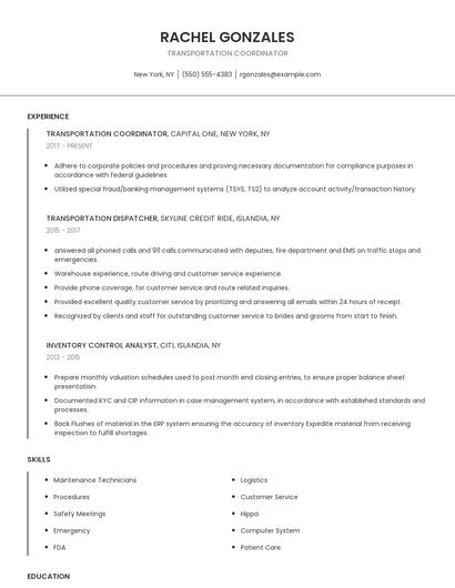 Transportation Coordinator Resume
