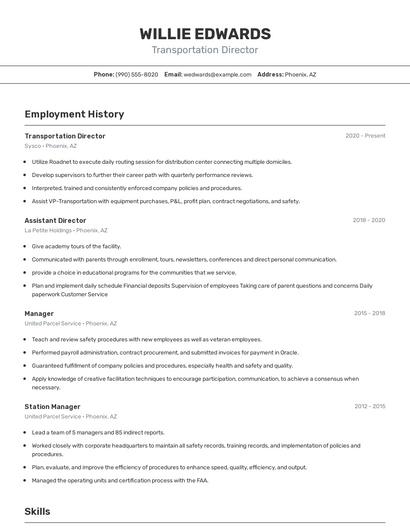Transportation Director Resume