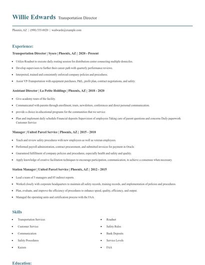 Transportation Director Resume