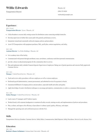 Transportation Director Resume