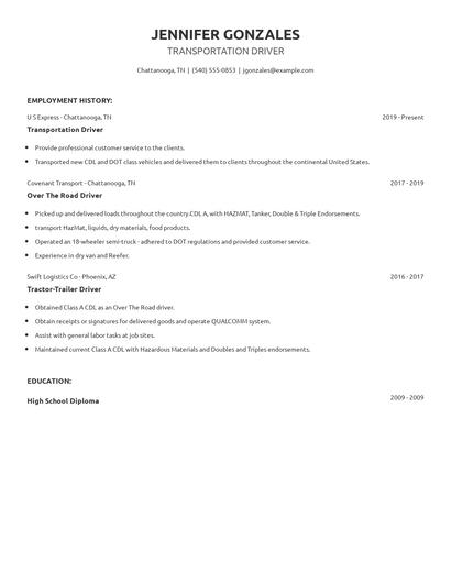 Transportation Driver Resume