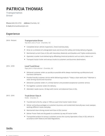Transportation Driver Resume