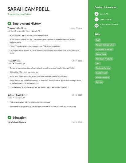 Transportation Driver Resume
