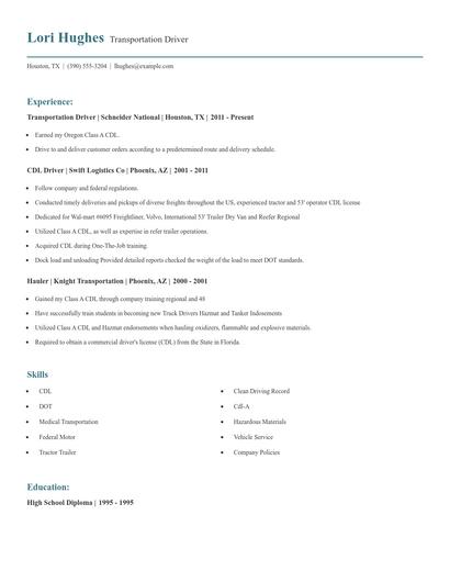 Transportation Driver Resume