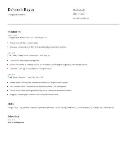 Transportation Driver Resume