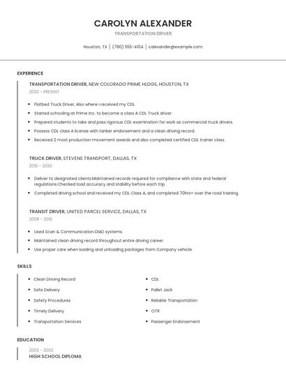 Transportation Driver Resume