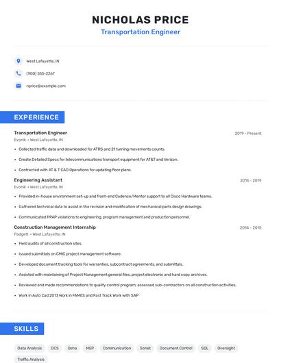Transportation Engineer Resume