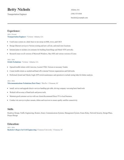 Transportation Engineer Resume