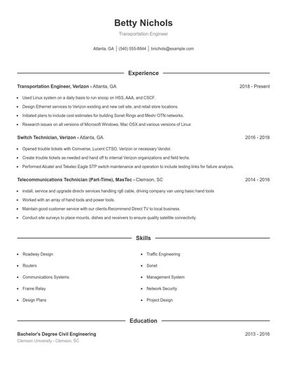 Transportation Engineer Resume