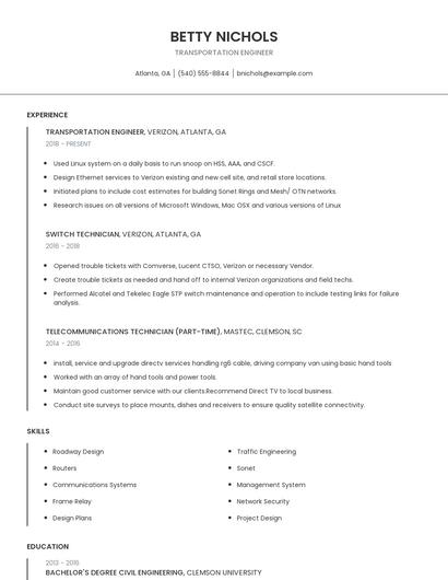 Transportation Engineer Resume