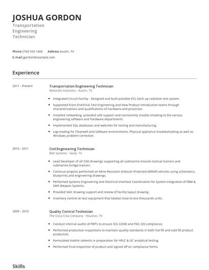 Transportation Engineering Technician Resume
