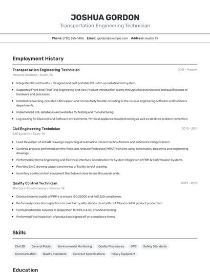 Transportation Engineering Technician Resume