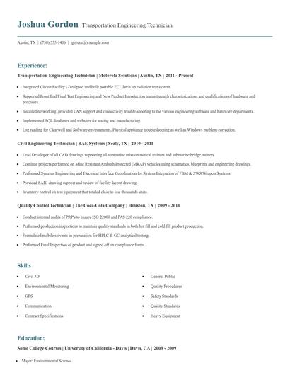 Transportation Engineering Technician Resume
