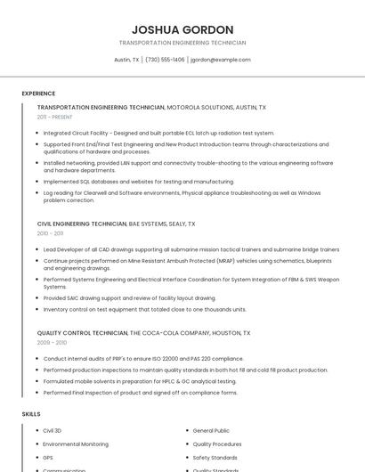 Transportation Engineering Technician Resume