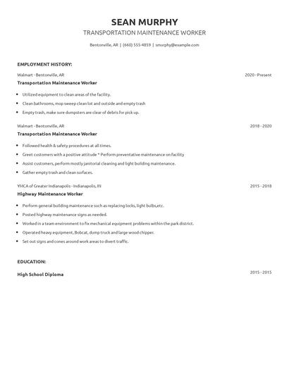Transportation Maintenance Worker Resume