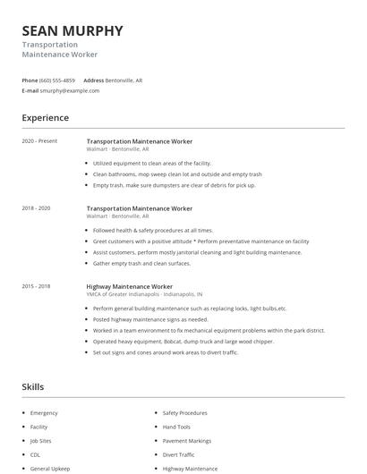 Transportation Maintenance Worker Resume