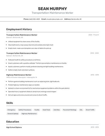 Transportation Maintenance Worker Resume
