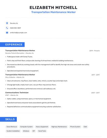 Transportation Maintenance Worker Resume