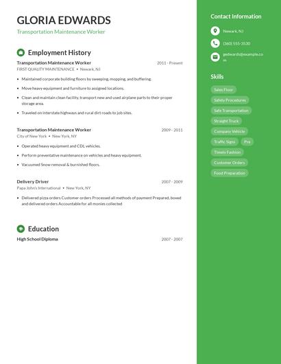 Transportation Maintenance Worker Resume