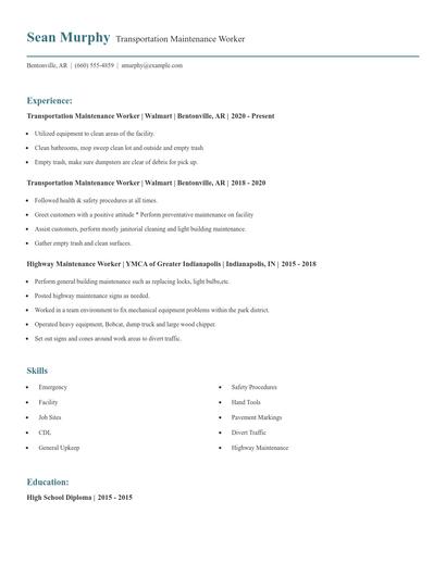Transportation Maintenance Worker Resume