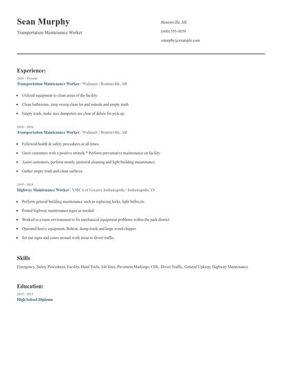Transportation Maintenance Worker Resume