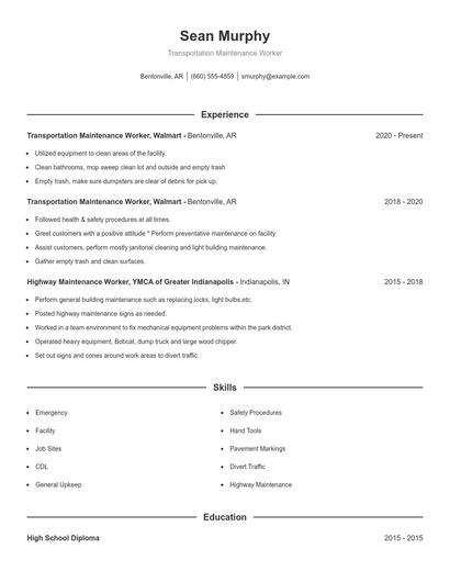 Transportation Maintenance Worker Resume