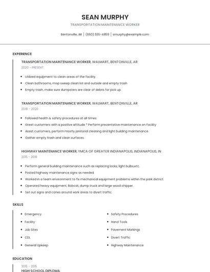 Transportation Maintenance Worker Resume