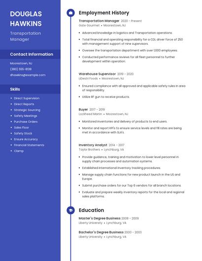 Transportation Manager Resume