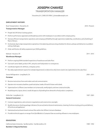 Transportation Manager Resume