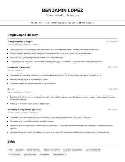 Transportation Manager Resume