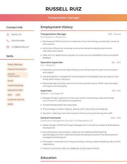 Transportation Manager Resume