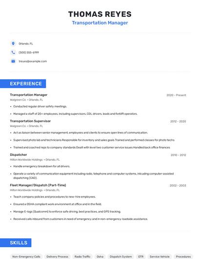 Transportation Manager Resume