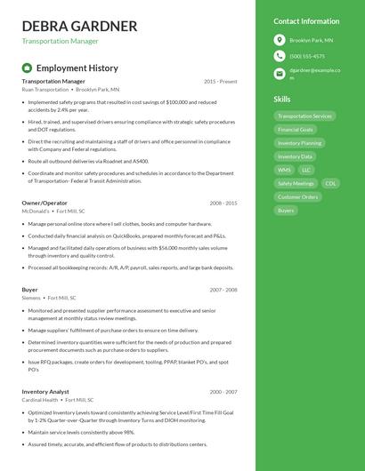 Transportation Manager Resume