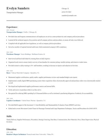Transportation Manager Resume