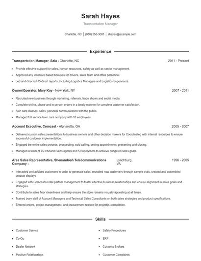 Transportation Manager Resume