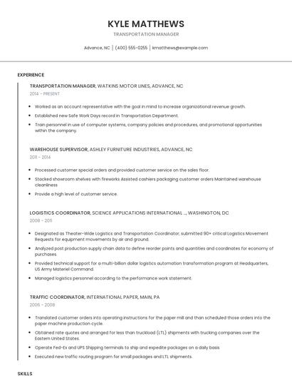 Transportation Manager Resume