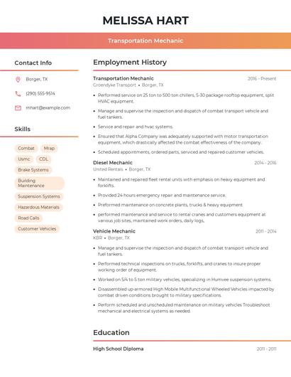 Transportation Mechanic Resume