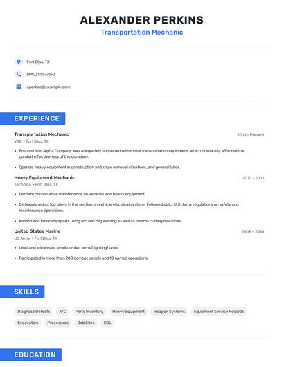 Transportation Mechanic Resume