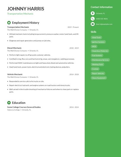 Transportation Mechanic Resume
