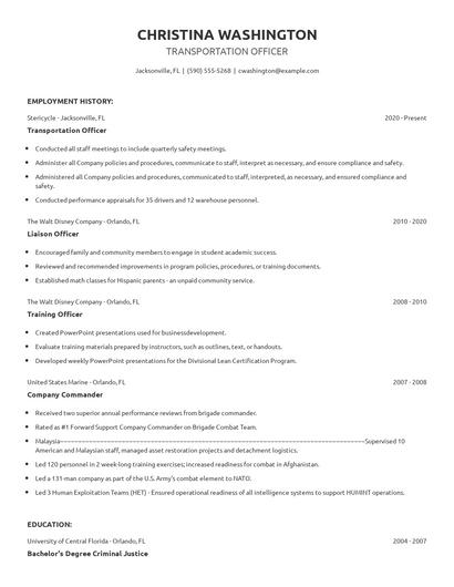 Transportation Officer Resume