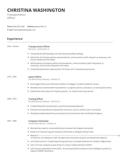 Transportation Officer Resume