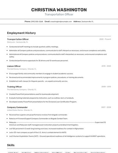 Transportation Officer Resume