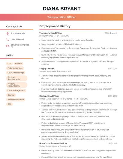 Transportation Officer Resume